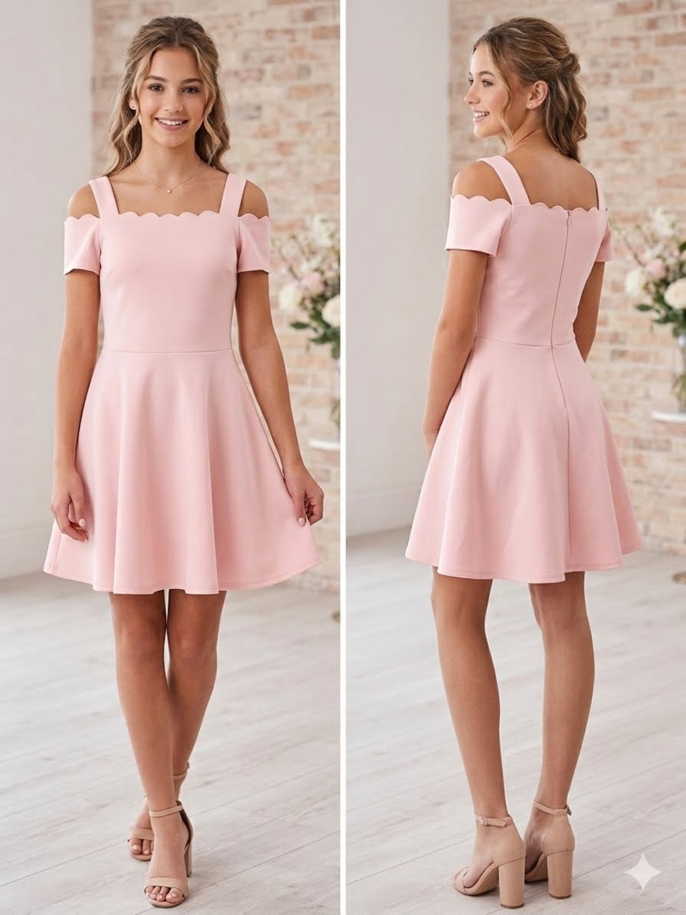 NWT Lipsy Girl Pink Scallop Bardot Cold Shoulder Skater Dress - Age 15-16